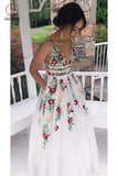 Princess V Neck Floral Embroidery Long Prom Dress with Pocket, Long Lace Prom Dresses KPP0744