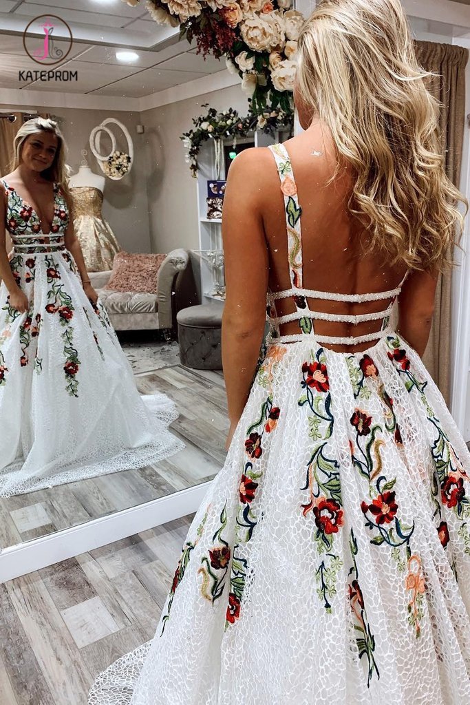 Princess V Neck Floral Embroidery Long Prom Dress with Pocket, Long La kateprom Princess V Neck Floral Embroidery Long Prom Dress with Pocket, Long La kateprom