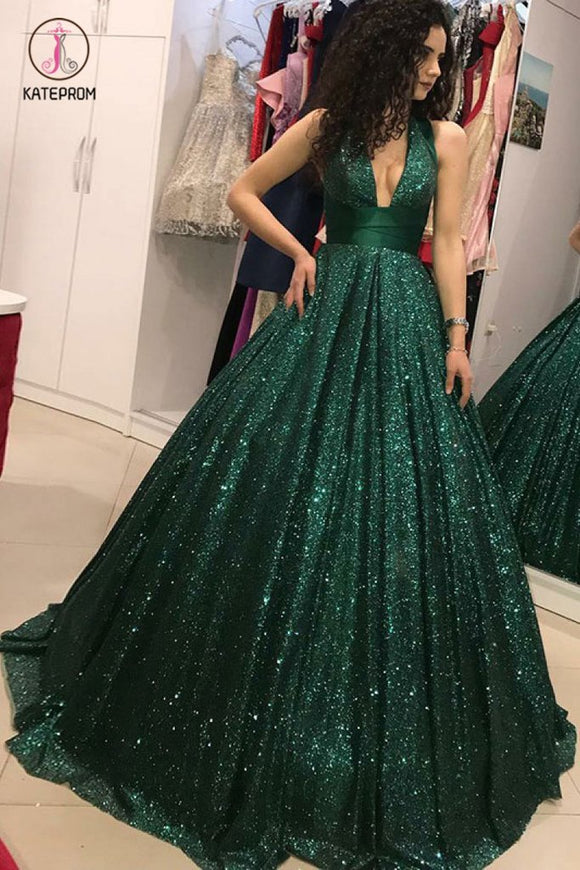 Shinny V Neck Green Sequined Ball Gown Long Prom Dresses, Quinceanera Dresses KPP0746