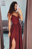 Burgundy Lace V-Neck Long Prom Dress, Spaghetti Strap Split Formal Dresses KPP0747