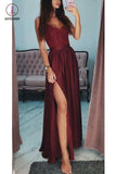 Burgundy Lace V-Neck Long Prom Dress, Spaghetti Strap Split Formal Dresses KPP0747