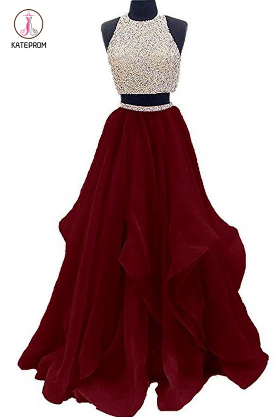 Burgundy Two Piece Floor Length Prom Dress Beaded Open Back Sequin Party Dress KPP0750