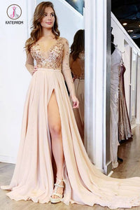 Long Sleeve See Through V Neck Prom Dresses, Elegant Split Evening Dresses KPP0754