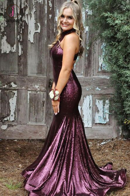 Glitter Sequin High Neck Mermaid Prom Dresses, Purple Evening Dress with Train KPP0761