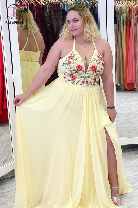 Yellow Halter Appliques Plus Size Prom Dress with Slit, A Line V Neck Sleeveless Party Dress KPP0763