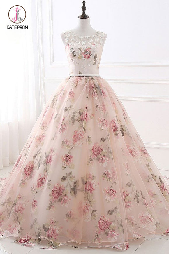 Ball Gown Print Prom Dresses, Lace Up Back Appliques Long Quinceanera Dresses KPP0764