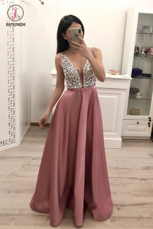 A Line Satin Prom Dress with Beading Sequins, Sparkly V Neck Evening Dresses KPP0768