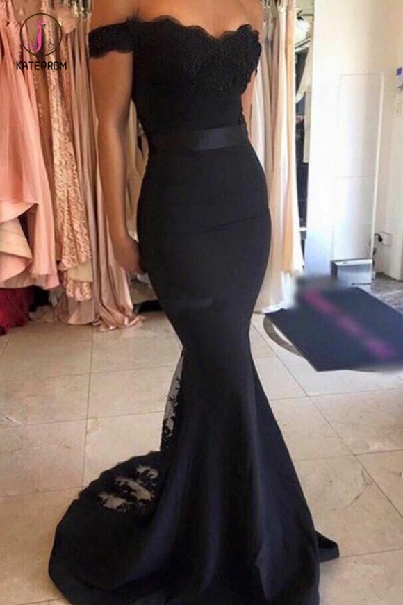 Cheap Mermaid Long Prom Dress with lace, Black Off the Shoulder with Sash Prom Gowns KPP0770