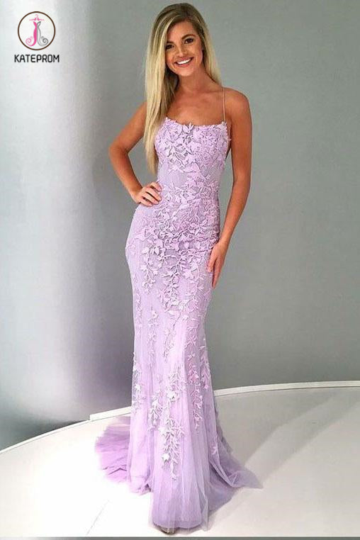 Spaghetti Strap Mermaid Prom Dress, Appliques Tulle Senior Prom Dresses KPP0771