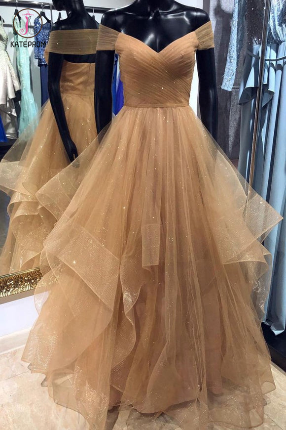 A Line Off the Shoulder Floor Length Prom Dress with Pleats, Long Evening Dresses KPP0777