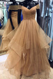 A Line Off the Shoulder Floor Length Prom Dress with Pleats, Long Evening Dresses KPP0777