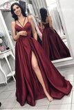 Unique Spaghetti Strap Satin Prom Dress with High Slit, Sexy Burgundy Evening Dress KPP0782