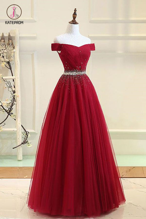 Cheap Off the Shoulder Tulle Long Prom Dress with Rhinestones, Burgundy Formal Dress KPP0783