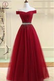 Cheap Off the Shoulder Tulle Long Prom Dress with Rhinestones, Burgundy Formal Dress KPP0783