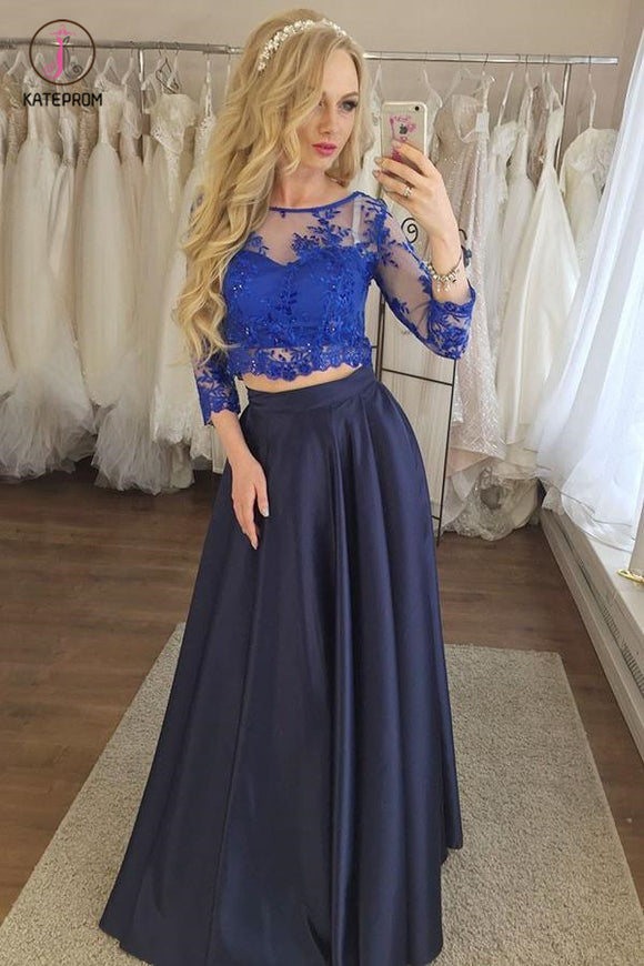 Two Piece Navy Blue Prom Dress with Lace, Cheap Prom Dress with Sleeves KPP0787