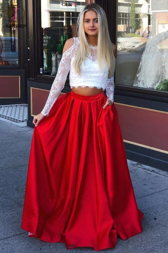 Two Piece Cold Shoulder Prom Dress with Lace, Long Sleeve Red Satin Party Dresses KPP0788