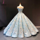 Light Blue Off the Shoulder Ball Gown Quinceanera Dress, Senior Lace Prom Dresses KPP0790