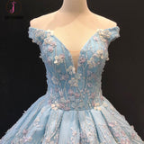 Light Blue Off the Shoulder Ball Gown Quinceanera Dress, Senior Lace Prom Dresses KPP0790