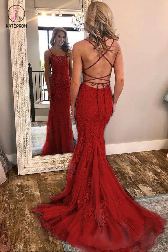 Red Spaghetti Strap Mermaid Prom Dresses with Lace Appliques Backless Formal Dress KPP0791