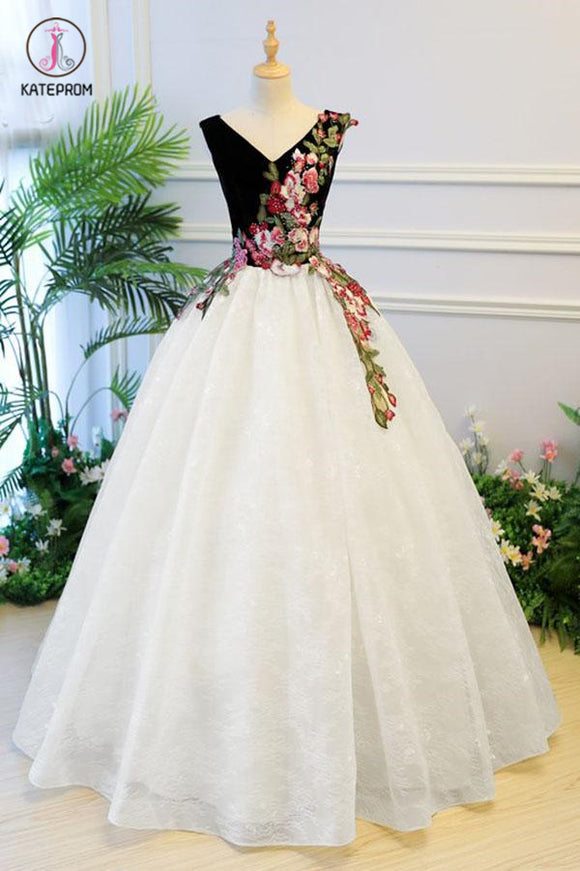 Puffy V Neck Lace Prom Dress with Appliques, Cheap Lace Quinceanera Dress KPP0794