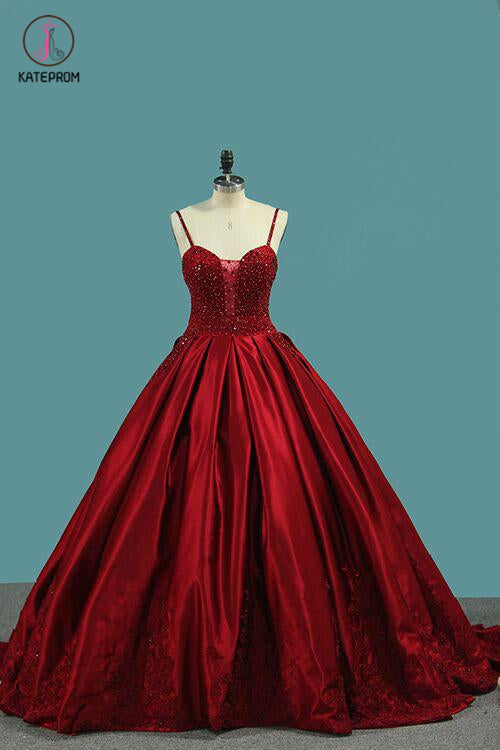 Red Spaghetti Strap Satin Puffy Prom Dress with Crystals, Beading Gorgeous Formal Dress KPP0795