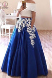 New Off the Shoulder Two Piece Prom Dress, Floor Length Blue Formal Dresses KPP0799