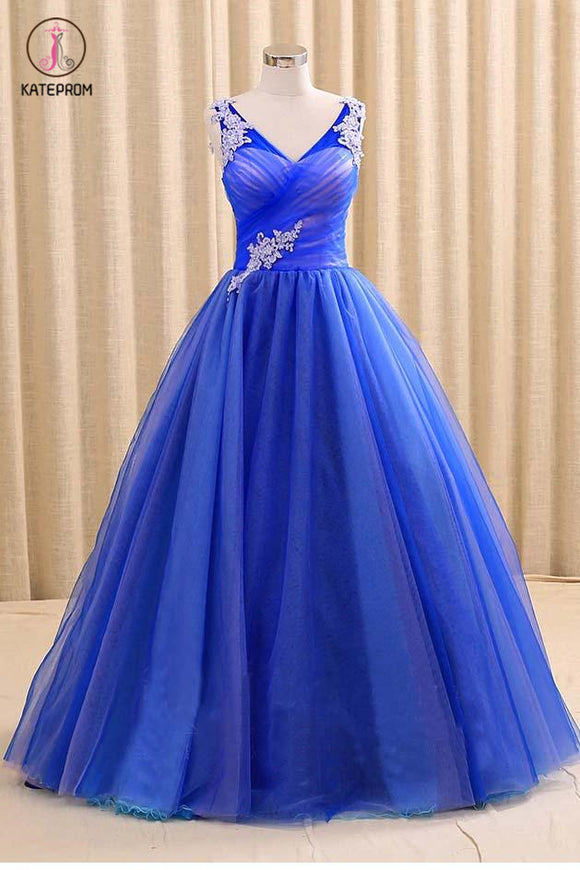 Royal Blue V Neck Sleeveless Prom Dress, Floor Length Long Quinceanera Dresses KPP0801