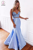 Two Piece Light Blue Mermaid Prom Dress, Simple Spaghetti Strap Satin Formal Dress KPP0803