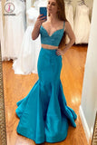 Two Piece Light Blue Mermaid Prom Dress, Simple Spaghetti Strap Satin Formal Dress KPP0803