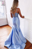 Two Piece Light Blue Mermaid Prom Dress, Simple Spaghetti Strap Satin Formal Dress KPP0803