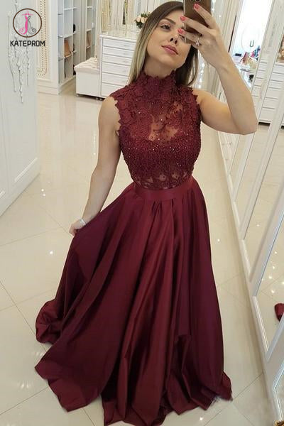 Dark Red High Neck Sleeveless Long Prom Dresses with Lace, A Line Grad kateprom Dark Red High Neck Sleeveless Long Prom Dresses with Lace, A Line Grad kateprom