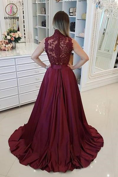 Dark Red High Neck Sleeveless Long Prom Dresses with Lace, A Line Grad   kateprom