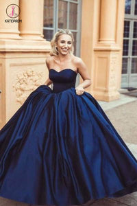 Navy Blue Ball Gown Sweetheart Prom Dress, Princess Satin Strapless Long Prom Gown KPP0809