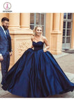 Navy Blue Ball Gown Sweetheart Prom Dress, Princess Satin Strapless Long Prom Gown KPP0809