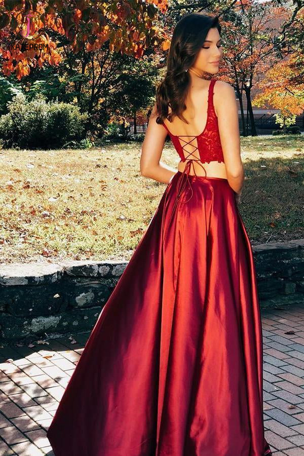 Two Piece High Split Prom Dress with Lace Bodice, Charming Flowy Eveni kateprom Two Piece High Split Prom Dress with Lace Bodice, Charming Flowy Eveni kateprom