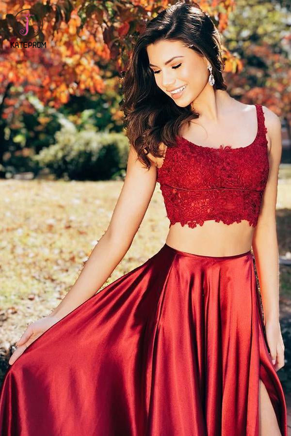 Two Piece High Split Prom Dress with Lace Bodice, Charming Flowy Eveni –  kateprom