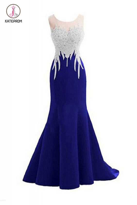 O-neck Beading Bodice Mermaid Long Prom Dresses Royal Blue Evening Dresses KPP0813