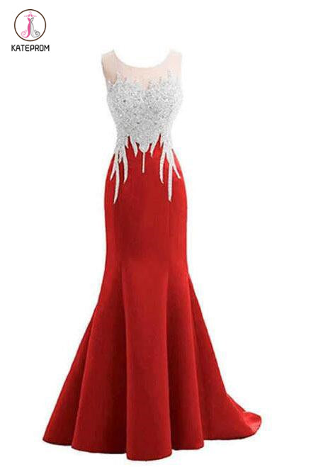 Red Mermaid Sleeveless Prom Dress with Appliques, Long Formal Dress with Sparkles KPP0814