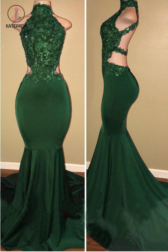 Green High Neck Sleeveless Mermaid Long Prom Dress with Appliques, Sexy Party Dress KPP0816
