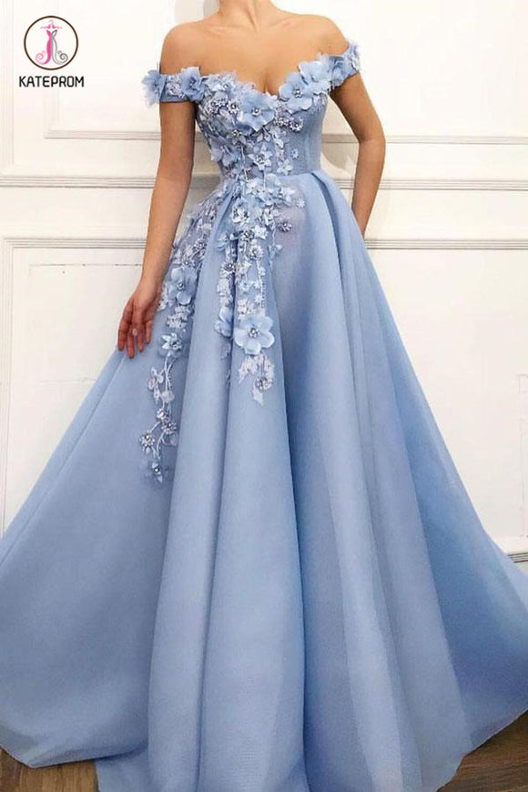 A Line Off the Shoulder Prom Dress with Flowers, Long Party Dress with Appliques KPP0819