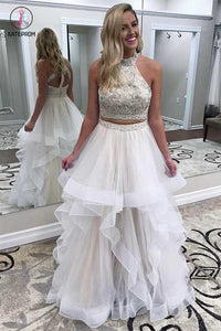 Two Piece High Neck Prom Dress with Beading, Charming Floor Length Party Dress KPP0822