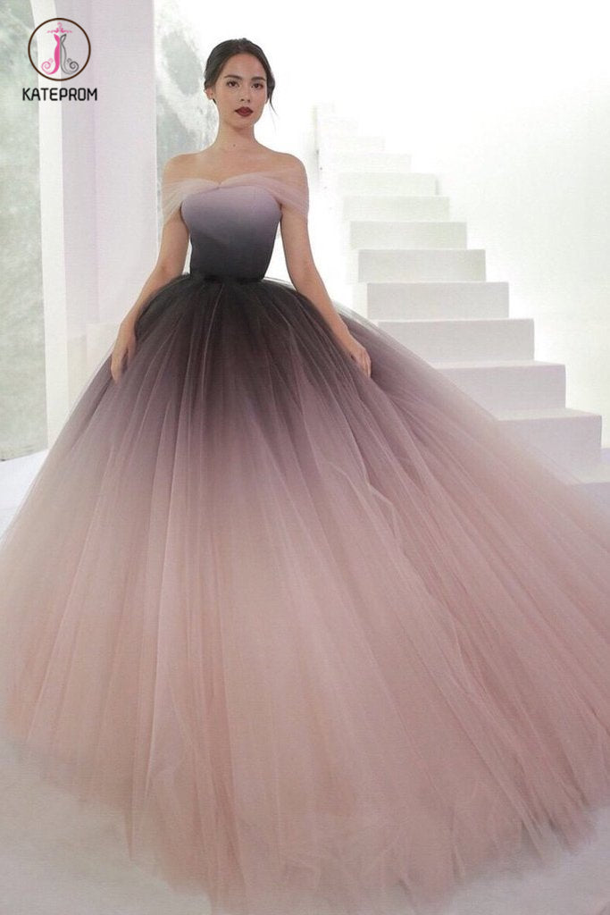 Puffy Off the Shoulder Ombre Prom Dress, Unique Tulle Long Evening Dre –  kateprom