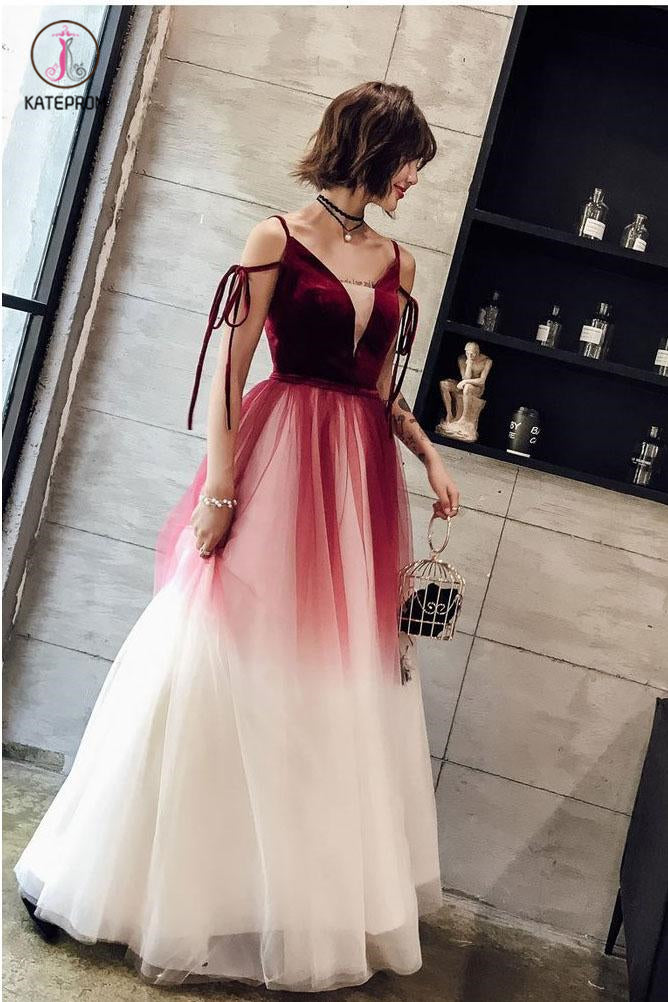Ombre Long Tulle Prom Dress, Unique V Neck Sleeveless Party Dresses, D   kateprom
