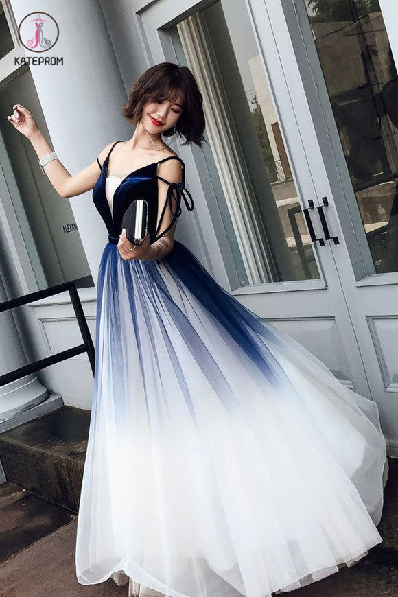 Blue Ombre Long Tulle Prom Dress, Unique V Neck Sleeveless Party Dresses, Dance Dress KPP0828