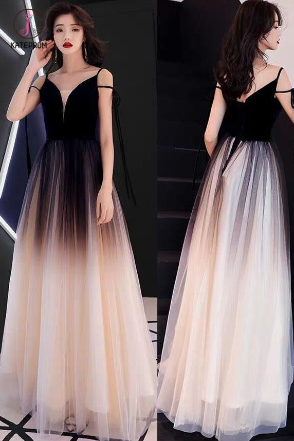 Black Ombre Long Tulle Prom Dress, Unique V Neck Sleeveless Party Dres kateprom Black Ombre Long Tulle Prom Dress, Unique V Neck Sleeveless Party Dres kateprom