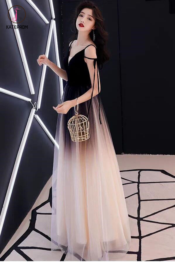 Black Ombre Long Tulle Prom Dress, Unique V Neck Sleeveless Party Dres kateprom Black Ombre Long Tulle Prom Dress, Unique V Neck Sleeveless Party Dres kateprom