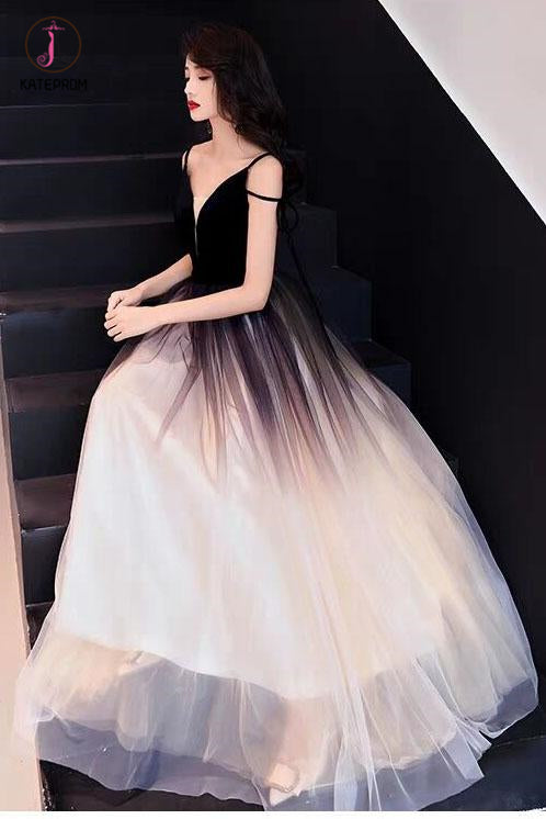 Black Ombre Long Tulle Prom Dress, Unique V Neck Sleeveless Party Dres – kateprom