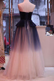 Ombre Blue Tulle Long Prom Dress, Unique New Style Strapless Long Evening Dress KPP0831