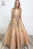 A Line V Neck Tulle Lace Applique Prom Dress with Beading Waist, Puffy Party Dress KPP0837