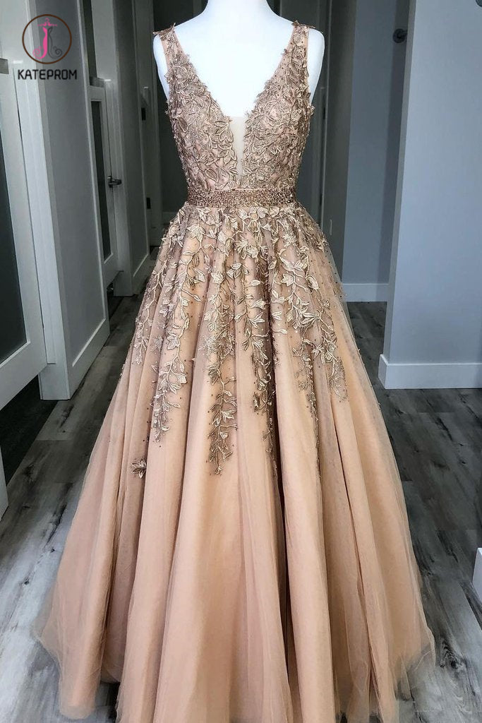 A Line V Neck Tulle Lace Applique Prom Dress with Beading Waist, Puffy – kateprom